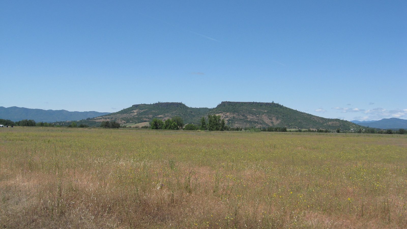 Open grassland at the Denman Wildlife Area in White City, with Upper Table Rock on the horizon